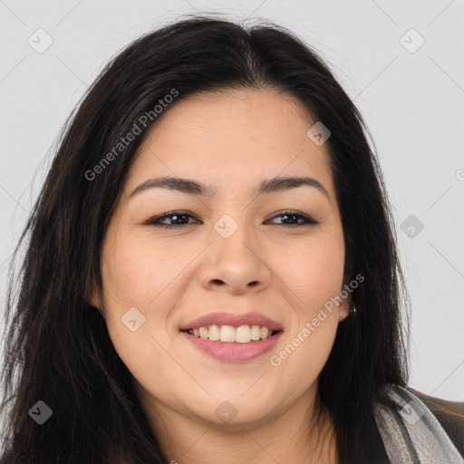 Joyful asian young-adult female with long  brown hair and brown eyes