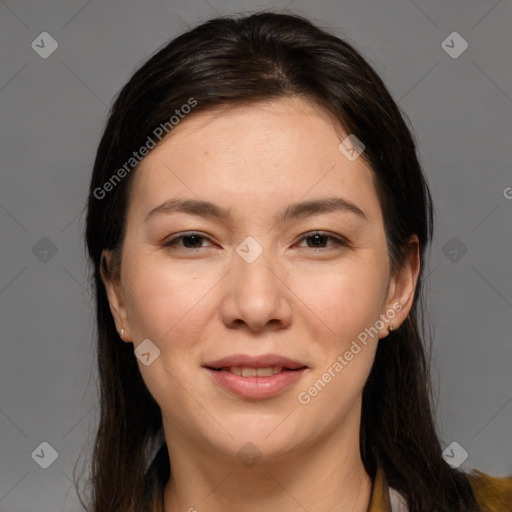 Joyful white young-adult female with medium  brown hair and brown eyes