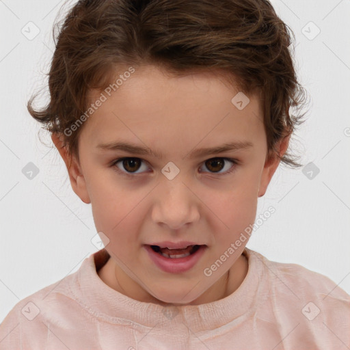 Joyful white child female with short  brown hair and brown eyes