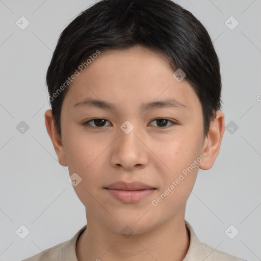 Neutral asian young-adult female with short  brown hair and brown eyes