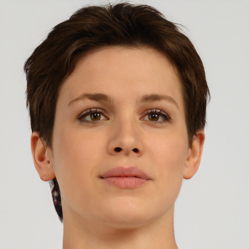 Neutral white young-adult female with short  brown hair and brown eyes