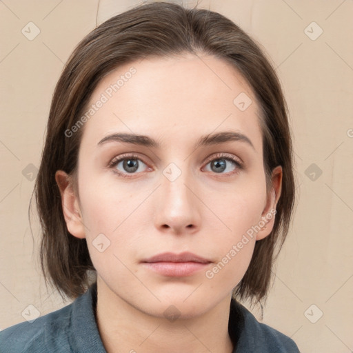 Neutral white young-adult female with medium  brown hair and grey eyes