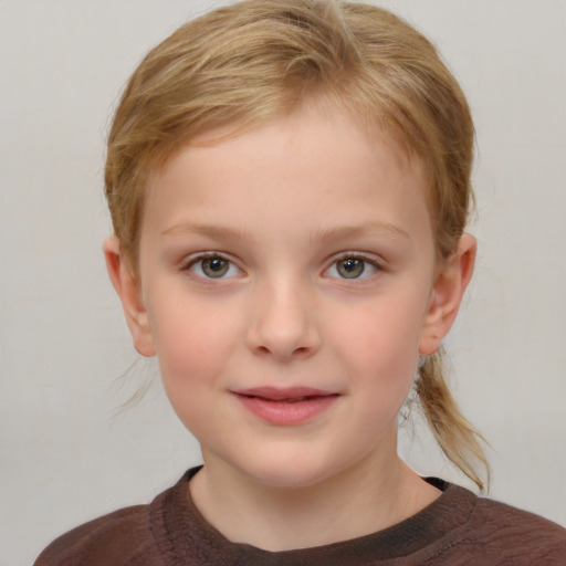 Neutral white child female with medium  brown hair and blue eyes