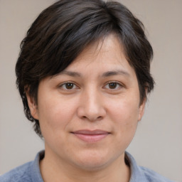 Joyful white adult female with medium  brown hair and brown eyes