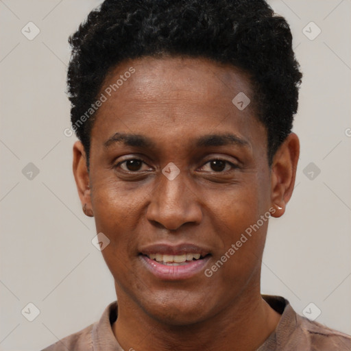 Joyful black young-adult male with short  black hair and brown eyes