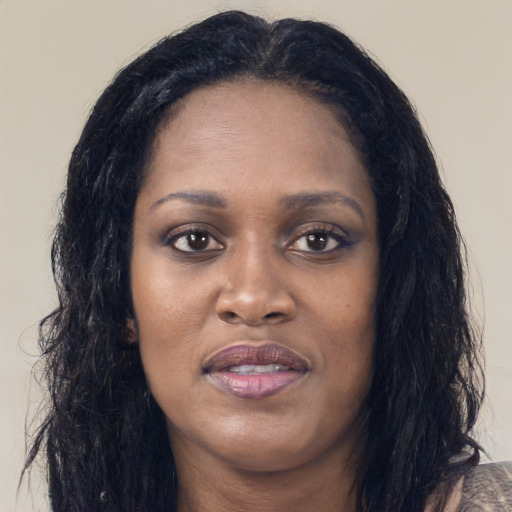 Joyful black young-adult female with long  black hair and brown eyes