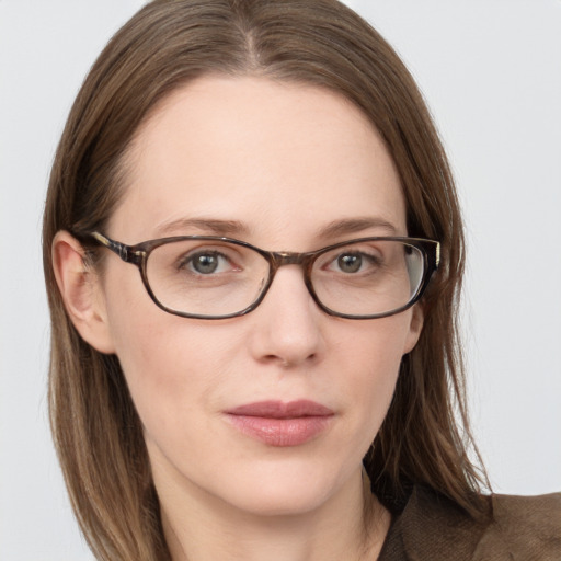 Neutral white young-adult female with long  brown hair and grey eyes