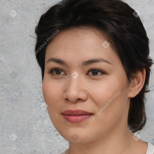 Joyful asian young-adult female with short  brown hair and brown eyes