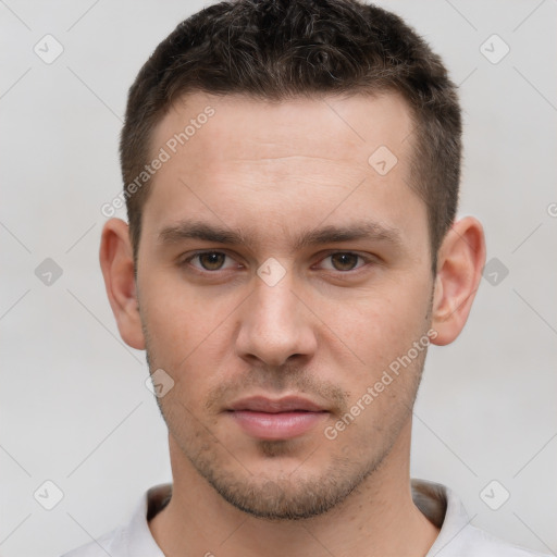 Neutral white young-adult male with short  brown hair and brown eyes