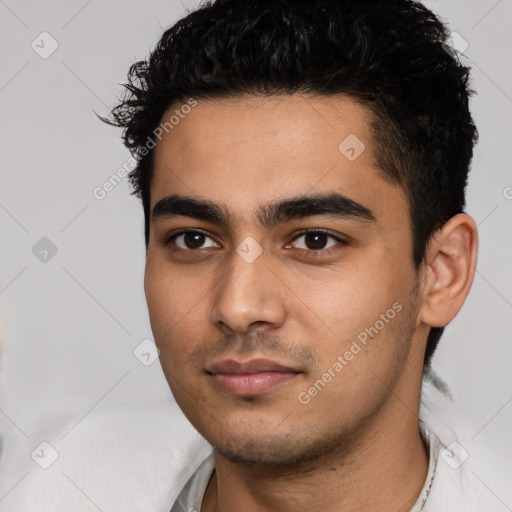 Neutral latino young-adult male with short  black hair and brown eyes