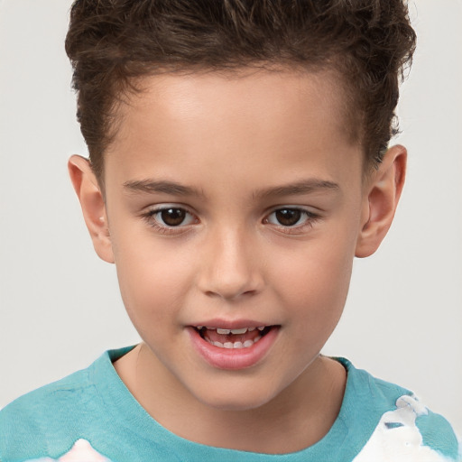 Joyful white child female with short  brown hair and brown eyes