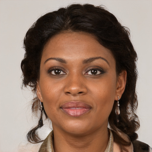 Joyful black young-adult female with medium  brown hair and brown eyes