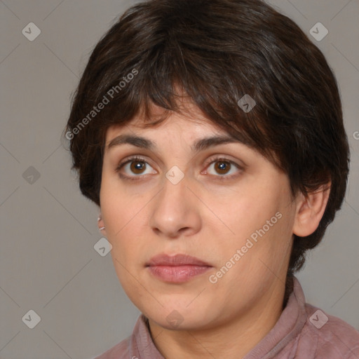 Neutral white young-adult female with medium  brown hair and brown eyes