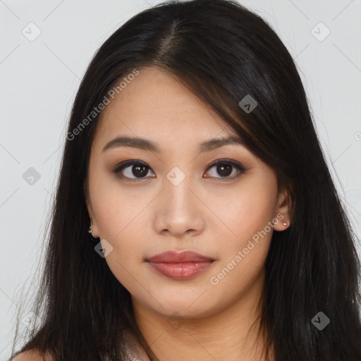 Neutral asian young-adult female with long  brown hair and brown eyes