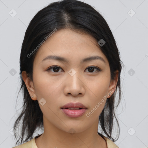 Neutral asian young-adult female with medium  brown hair and brown eyes