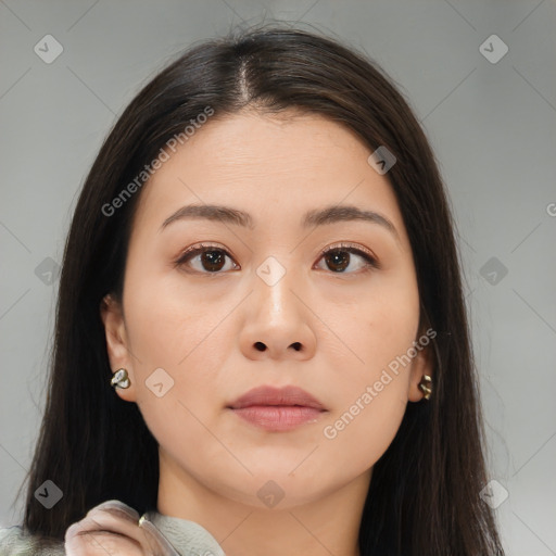Neutral asian young-adult female with medium  brown hair and brown eyes