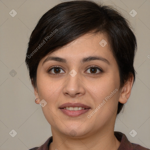 Joyful white young-adult female with medium  brown hair and brown eyes