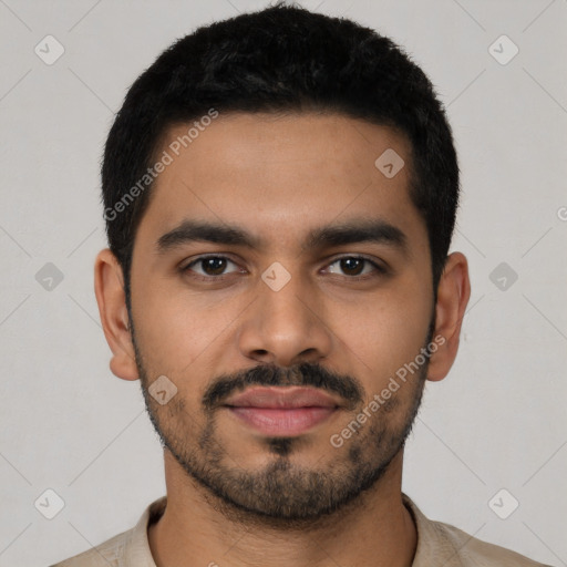 Neutral latino young-adult male with short  black hair and brown eyes