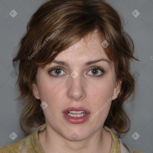 Joyful white young-adult female with medium  brown hair and blue eyes