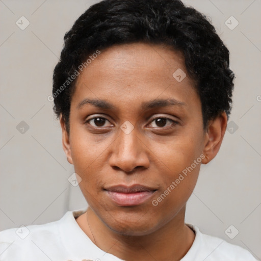 Joyful black young-adult female with short  black hair and brown eyes