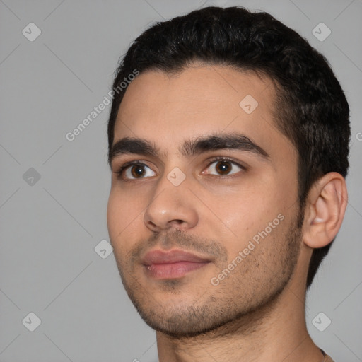 Neutral white young-adult male with short  black hair and brown eyes