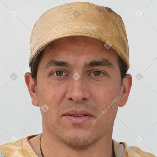 Neutral white adult male with short  brown hair and brown eyes