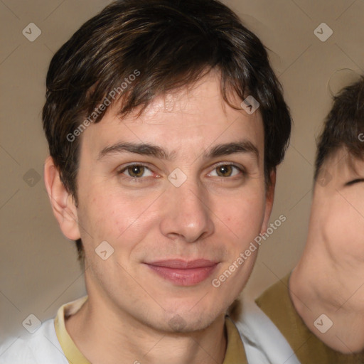 Joyful white young-adult male with medium  brown hair and brown eyes