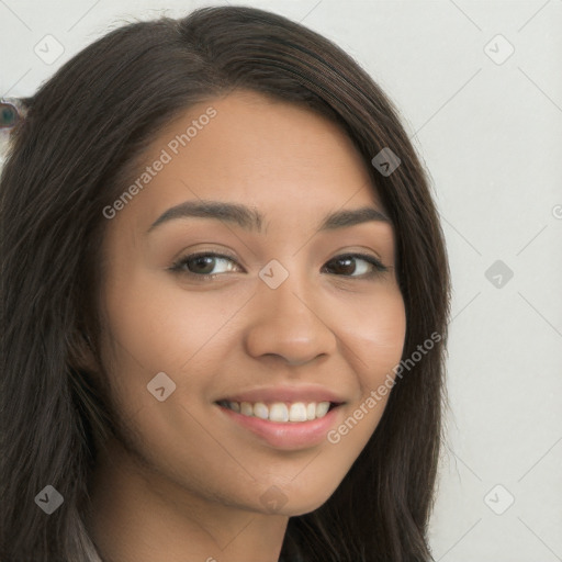 Joyful white young-adult female with long  brown hair and brown eyes