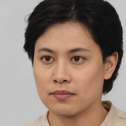 Neutral asian young-adult female with medium  brown hair and brown eyes