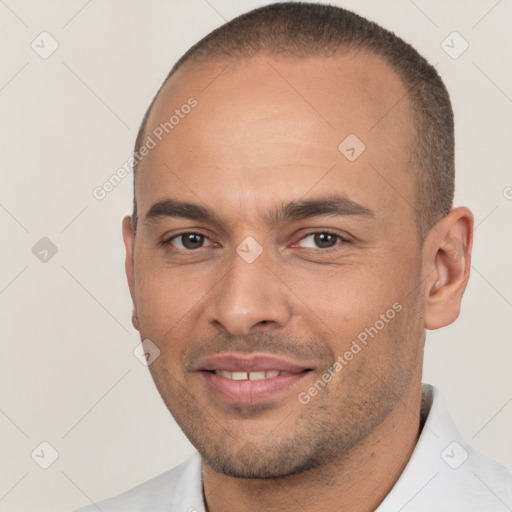 Joyful white adult male with short  brown hair and brown eyes