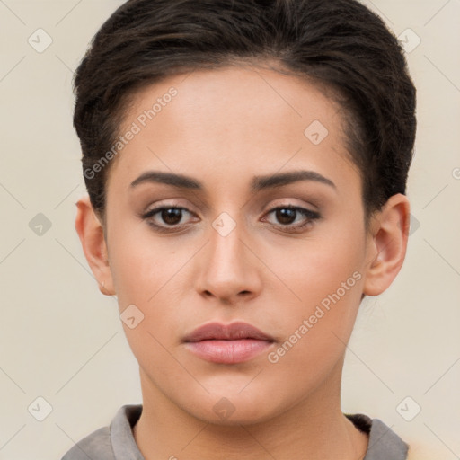 Neutral white young-adult female with short  brown hair and brown eyes