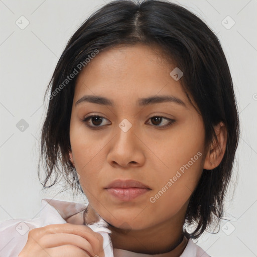 Neutral latino young-adult female with medium  brown hair and brown eyes