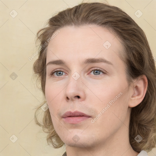 Neutral white young-adult female with medium  brown hair and grey eyes