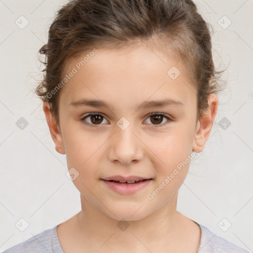 Joyful white child female with short  brown hair and brown eyes