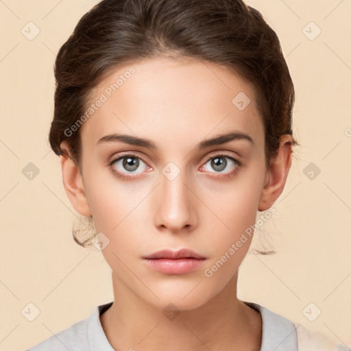 Neutral white young-adult female with medium  brown hair and brown eyes