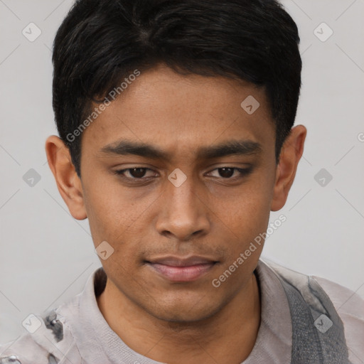 Neutral asian young-adult male with short  brown hair and brown eyes