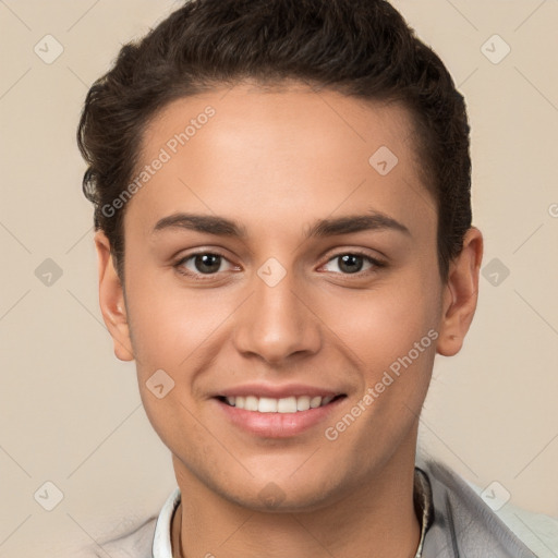 Joyful white young-adult female with short  brown hair and brown eyes