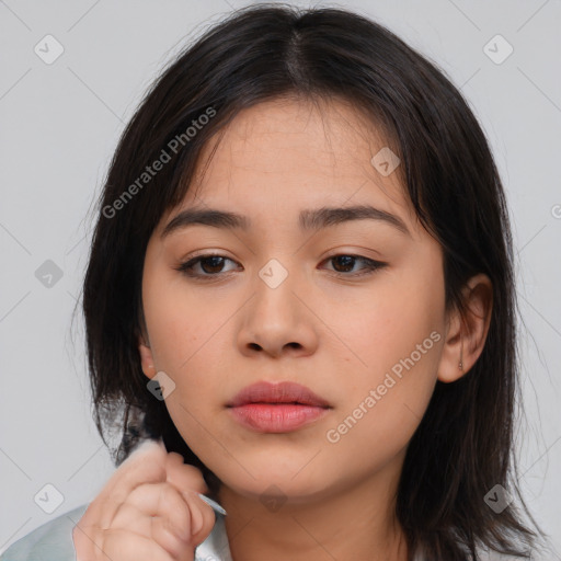 Neutral white young-adult female with medium  brown hair and brown eyes