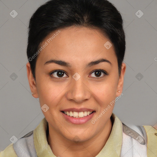 Joyful latino young-adult female with short  brown hair and brown eyes