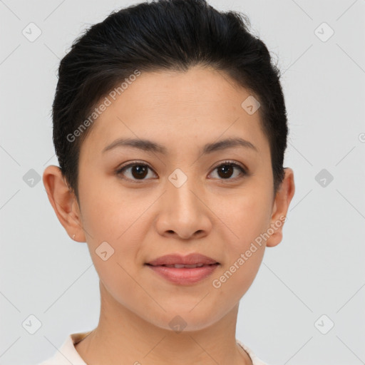 Joyful asian young-adult female with short  brown hair and brown eyes