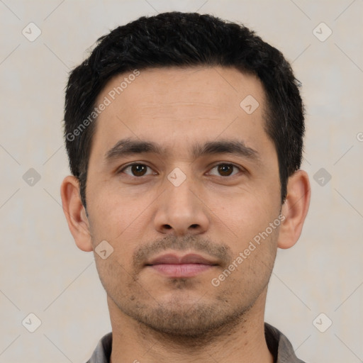 Neutral asian young-adult male with short  black hair and brown eyes