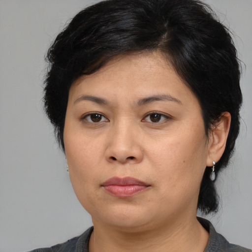 Joyful asian adult female with medium  brown hair and brown eyes