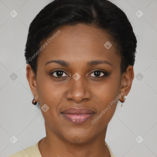 Joyful latino young-adult female with short  brown hair and brown eyes