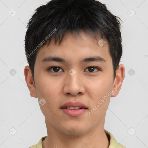 Neutral asian young-adult male with short  brown hair and brown eyes