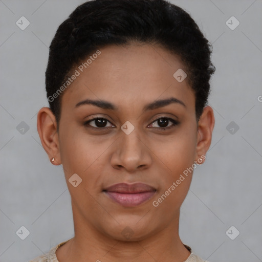 Joyful latino young-adult female with short  brown hair and brown eyes