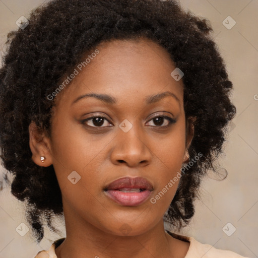 Neutral black young-adult female with medium  brown hair and brown eyes