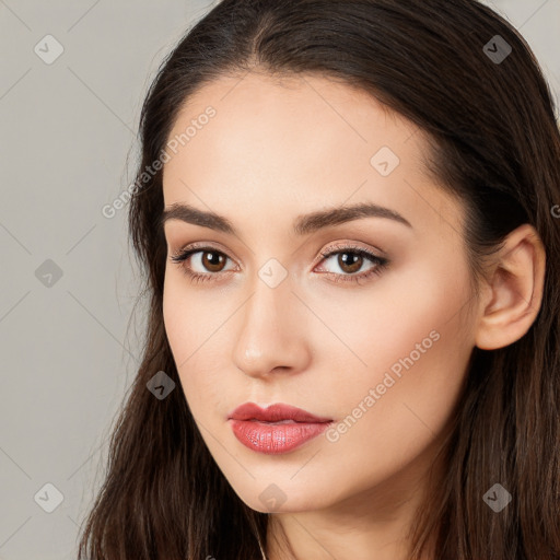 Neutral white young-adult female with long  brown hair and brown eyes