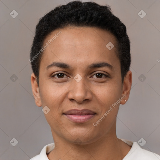 Joyful latino young-adult female with short  brown hair and brown eyes