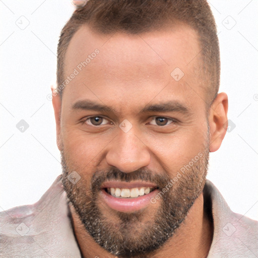 Joyful white young-adult male with short  brown hair and brown eyes