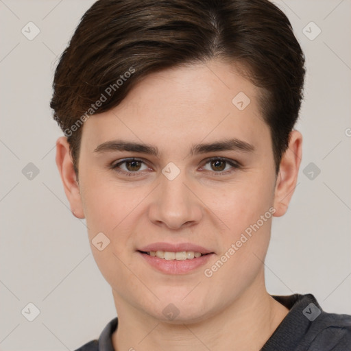 Joyful white young-adult female with short  brown hair and brown eyes